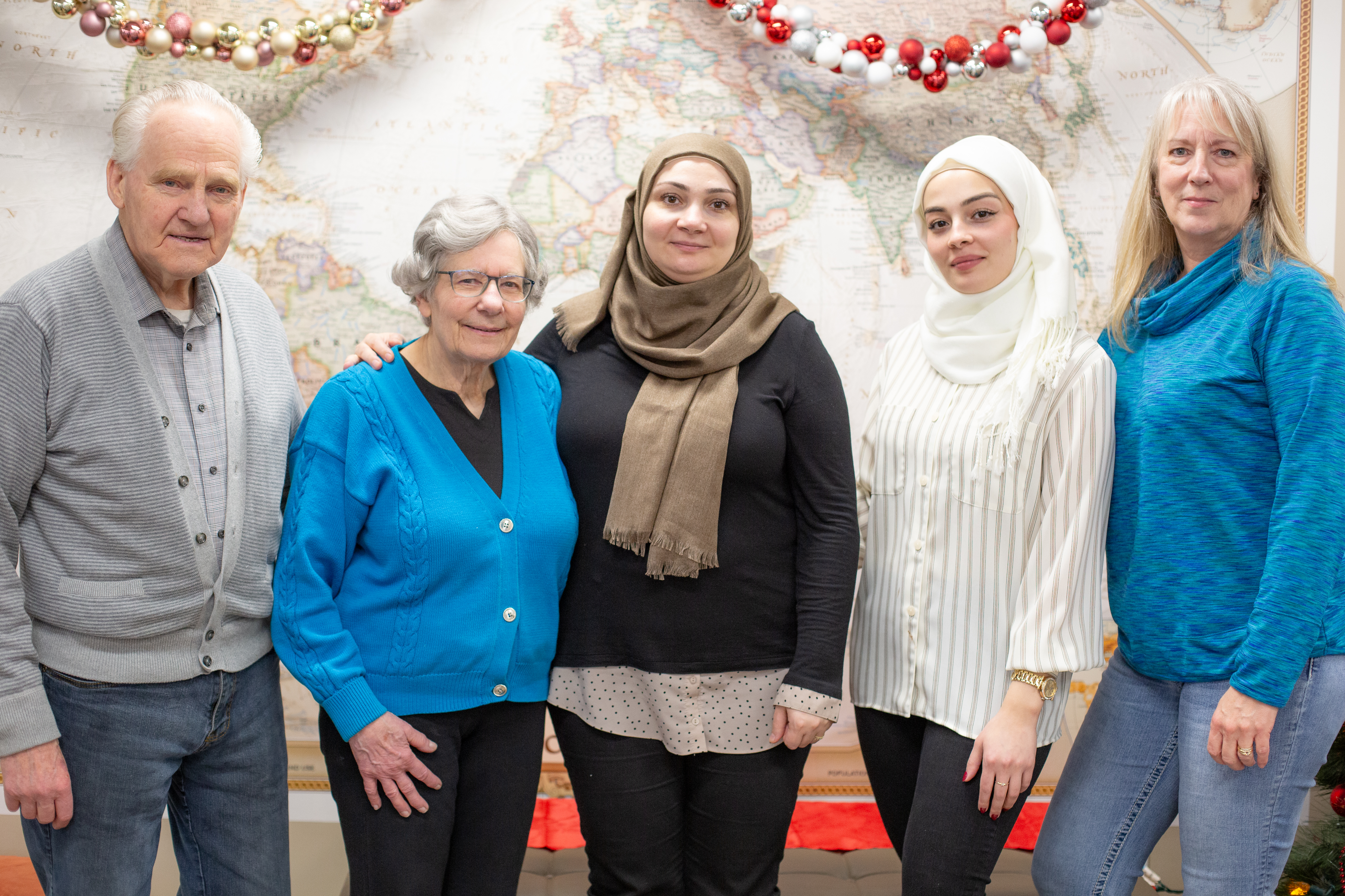 Left to right: Jake Wiebe, Elsie Wiebe, Mannal Khchfa, Alsar Zarour, Karen Janz